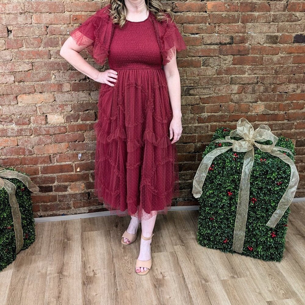 Women's Burgundy Tulle Midi Dress Polagram Size XL NWT